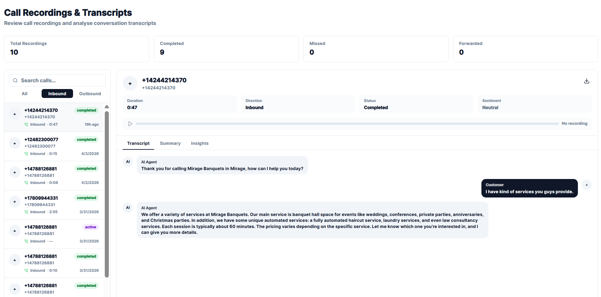 AI Employees Inc — Call Recordings & Transcripts dashboard showing inbound call with AI agent conversation transcript, sentiment analysis, and call metrics